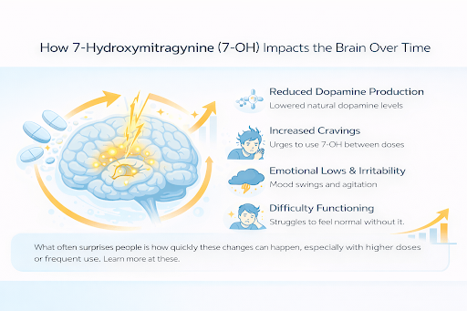 Infographic showing how repeated 7-hydroxymitragynine (7-OH) use affects the brain over time, including reduced dopamine production, increased cravings, emotional instability, and difficulty functioning.