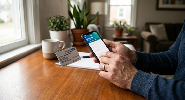 Hands holding health insurance card and phone to verify rehab coverage benefits