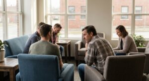 Men participating in group therapy session at addiction treatment facility in Cincinnati