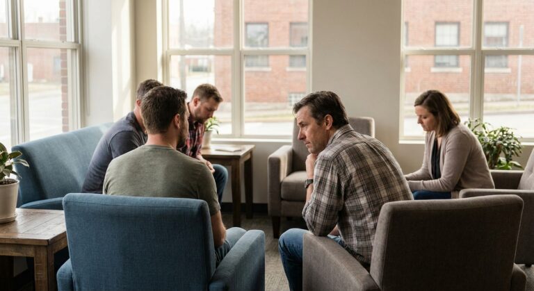 Men participating in group therapy session at addiction treatment facility in Cincinnati