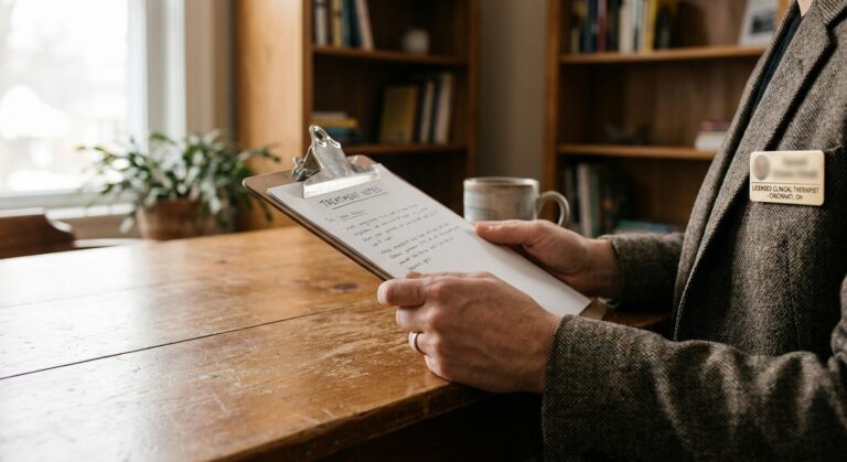 Therapist's hands with treatment notes during a private counseling session at TruHealing Cincinnati addiction treatment facility