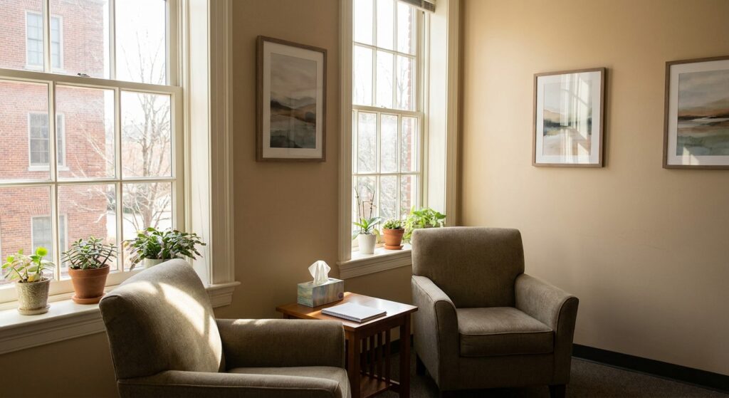 Therapy room with two chairs facing each other in natural light at TruHealing Cincinnati addiction treatment center