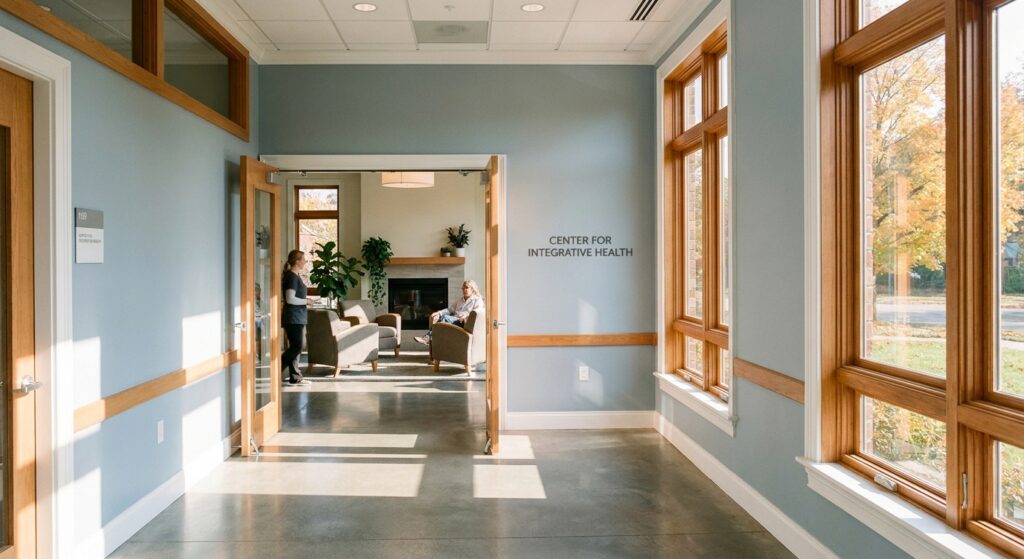 Bright, peaceful hallway inside TruHealing Cincinnati's medical detox facility with natural light and comfortable seating