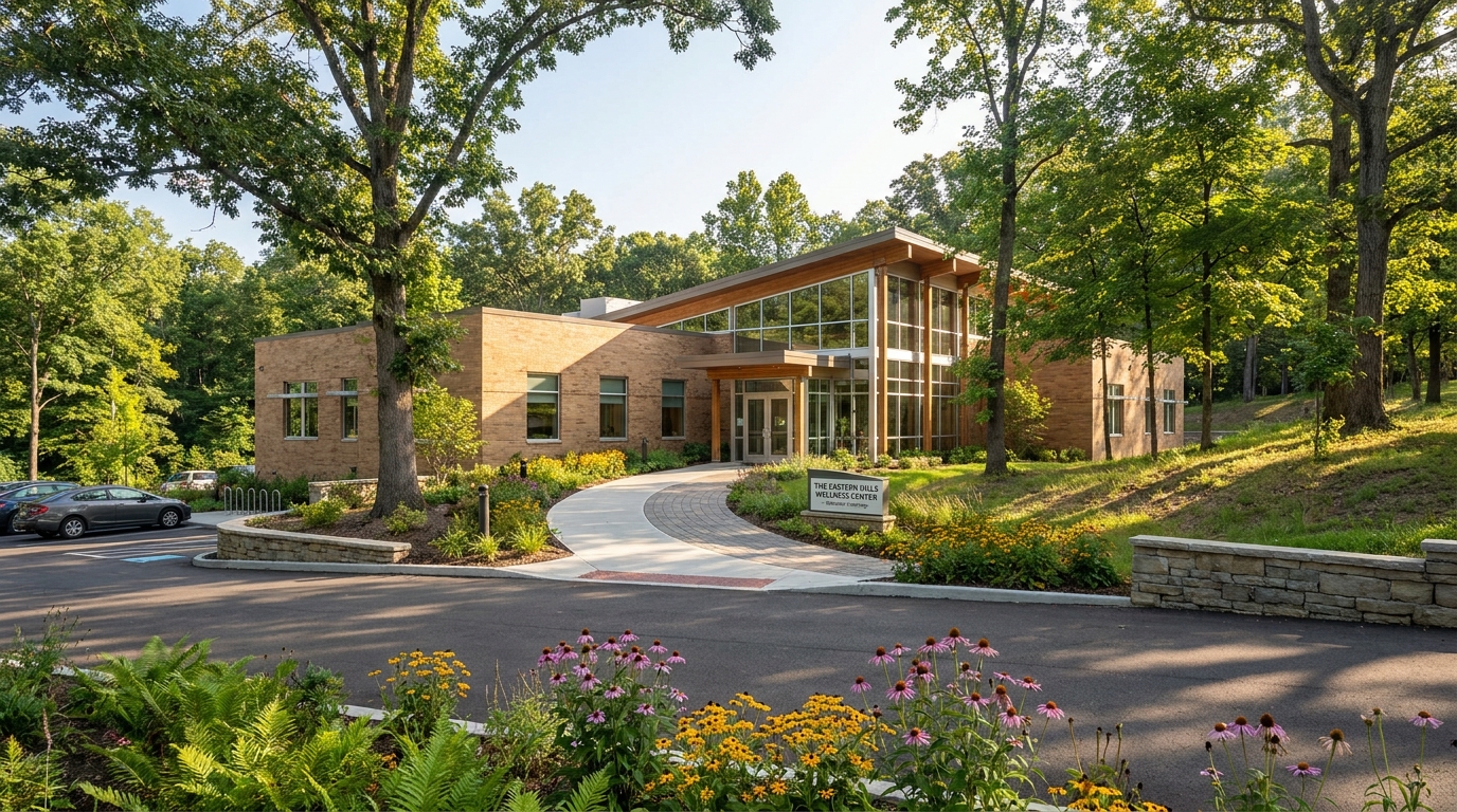 TruHealing Cincinnati facility exterior showing welcoming entrance with landscaping in Cincinnati east side suburb neighborhood