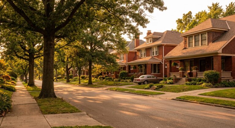 Quiet residential street in Cincinnati Ohio neighborhood at sunset with brick homes and tree-lined sidewalks