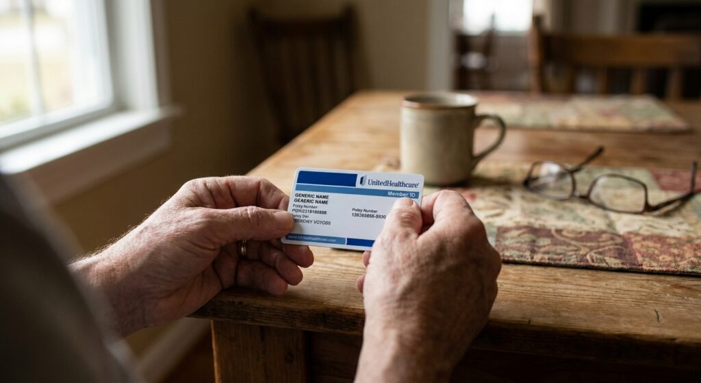 Hands holding UnitedHealthcare insurance card on kitchen table while reviewing rehab coverage options