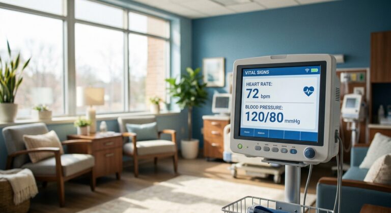 Medical monitoring equipment in a bright, welcoming detox treatment room at an addiction recovery facility