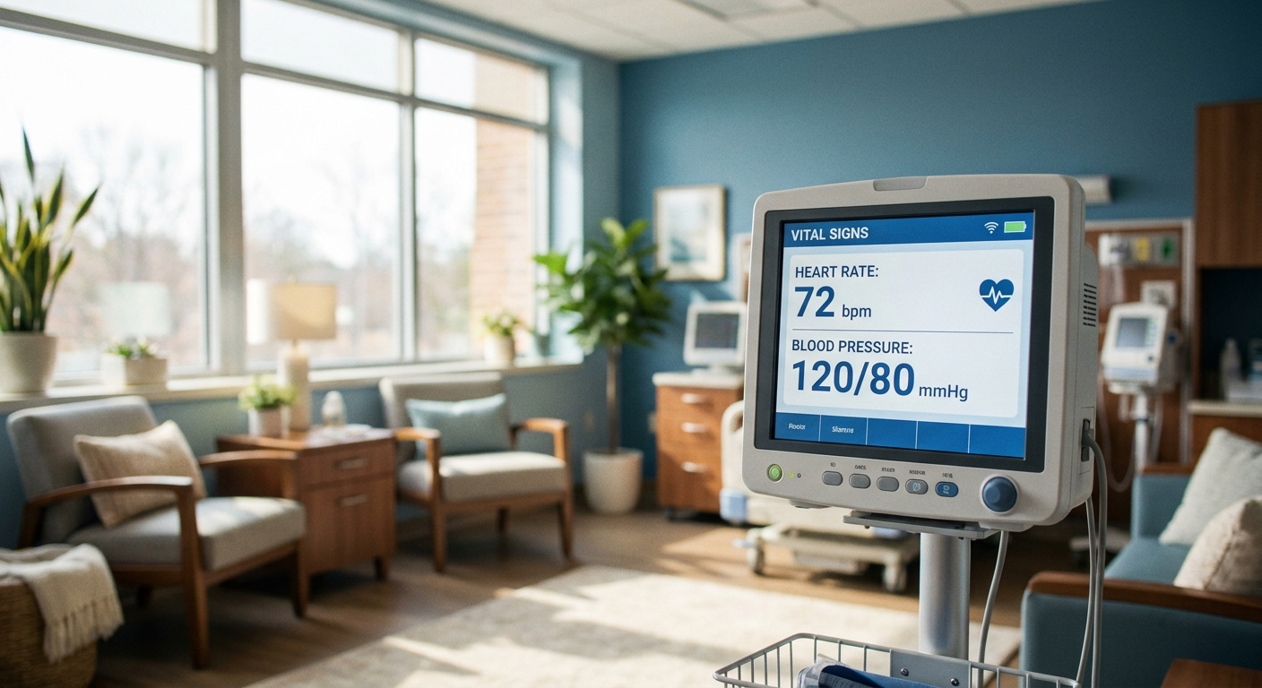 Medical monitoring equipment in a bright, welcoming detox treatment room at an addiction recovery facility