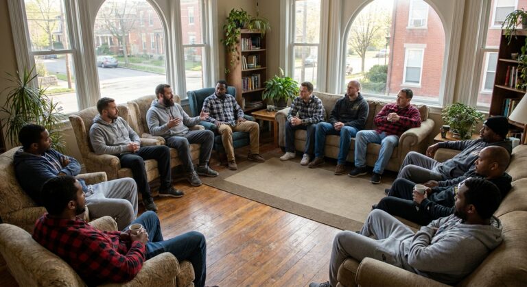 Men's group circle during morning check-in at Cincinnati addiction treatment facility, showing peer accountability session in natural daylight